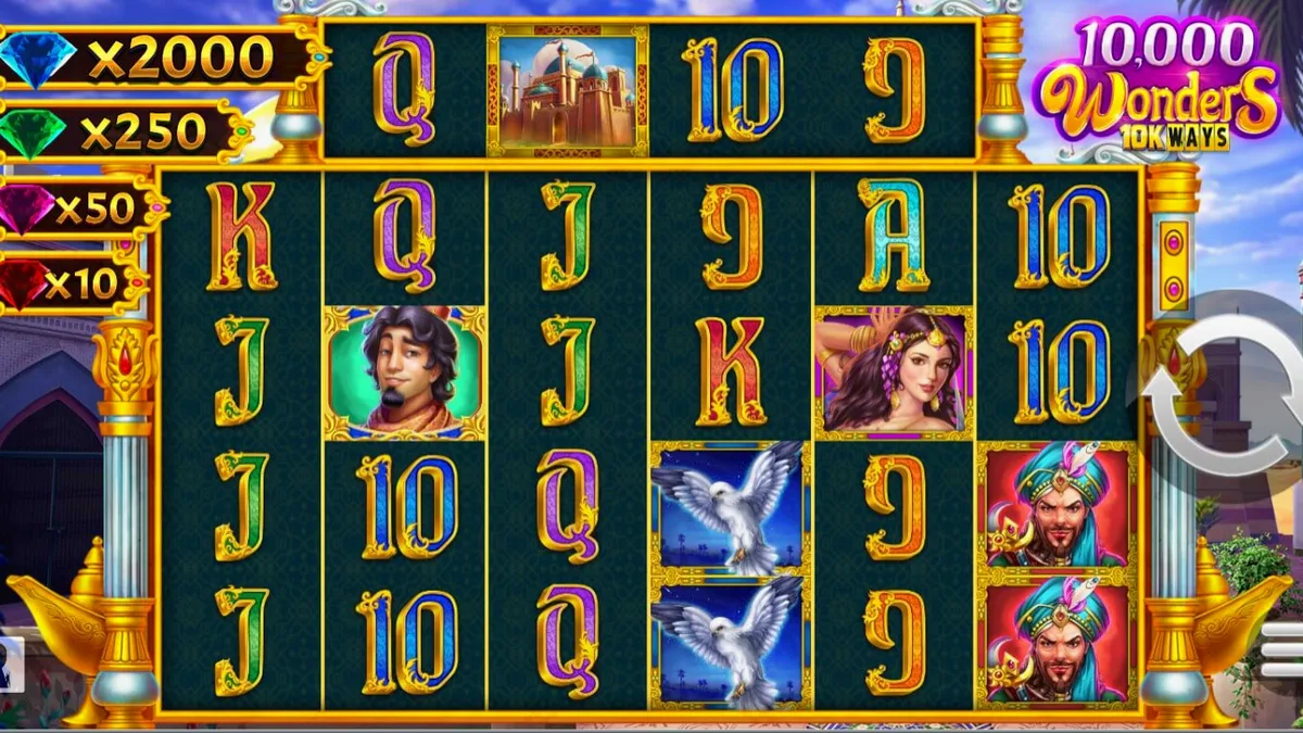 Tampilan antarmuka seluler slot 10,000 Wonders Big Bang dengan latar belakang kuil Timur Tengah.